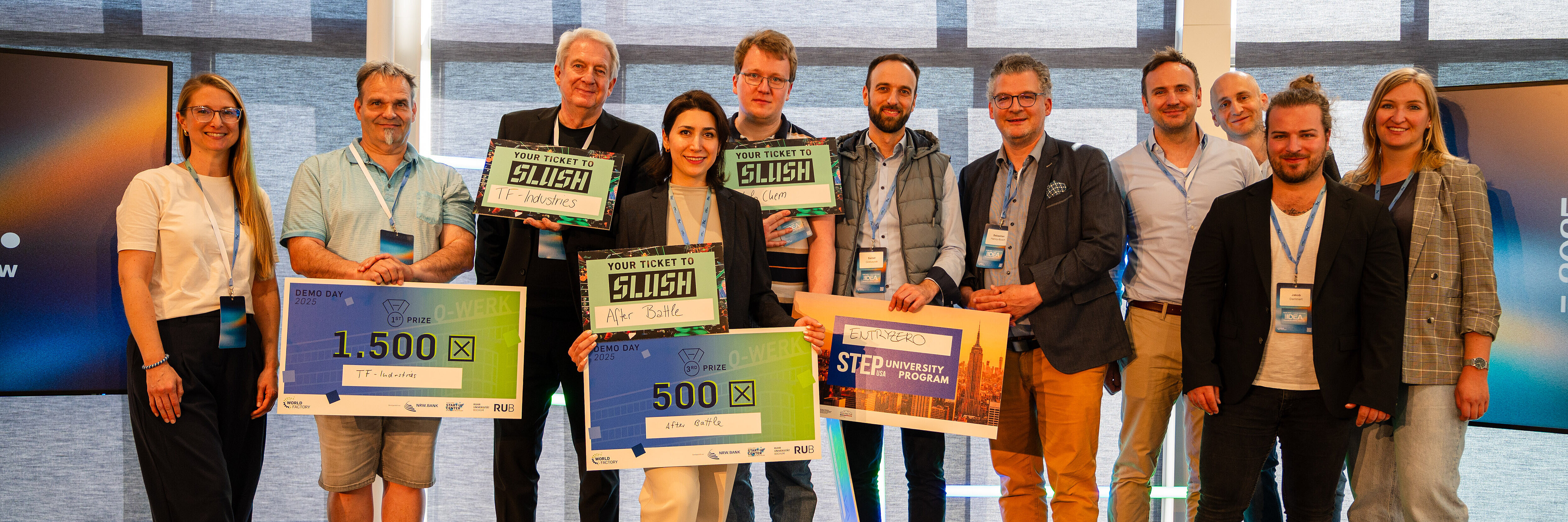The Top 3 Start-ups at Ruhr University Bochum Group picture of the top 3 start-up teams on the stage at IDEA.2025.